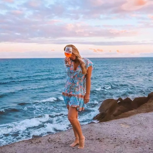 Blue Floral Boho Flutter Sleeve Mini Dress - Picture 2 of 5